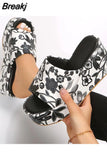 High Heeled Women's Slippers 2023 European Style Flower Pattern Comfy Walking Shoes Plus Size Summer Outside Lady
