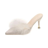 Women High Heels Shoes 2023 Summer New Fur Pointed Toe Thin Heels Women Mules Dress Party Outside Ladies Slippers Plus Size