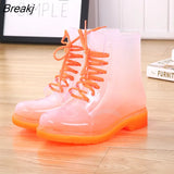 Women Rain Boots Mature Lady Lace Up Waterproof Lady Shoes Rubber Transparent Candy Colors Ankle Outdoor Girl's Fashion