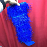 Women's High Boots Suede Cross-tied Pointed Toe Party High Heel Shoes Sexy Ostrich Feather Women's Over The Knee