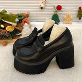 High Heels Loafers Women 2023 Autumn Patent Leather Chunky Platform Pumps Woman Slip On Black Jk Uniform Shoes Mary