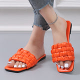Fashion Design Weave Soft Slippers Women Summer 2023 Square Toe Flat Sandals Woman Plus Size Outdoor Beach Shoes