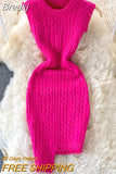 Design Twist Knitted Bodycon Dress Women Solid O-neck Sleeveless Tassels Irregluar Slim Stretch Bandage Mini Sweater