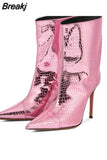 Women's Mid Calf Boots Rose Red Mirror Boots Sexy Runway Stilettos Pointed Toe Demonia Boots Ladies Party Shoe Botas De