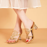 Drill Sandals Summer New Women's Sandals Middle Heel Fashion Crystal Thick Heels High Heels Wear Women's Slippers