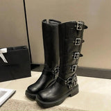 Knee High Boots Platfrom Shoes Studded Buckle Knight Boots Gothic Elegant Medium Heel Women's Shoes Motorcycle