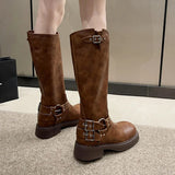 Belt Buckle Gothic Boots for Women Brown Thick Heels Knee High Combat Boots Woman Plus Size 42 Punk Long Botas