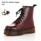 Womens Autumn Winter Ankle Boots Lace Up Flat Heels Fur Cotton Padded Platform Shoes Woman Leather Motorcycle Botas