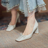 French High Heels Women's Woven Bow Retro Elegant Square Toe Thick Heel All-match Women's Shoes Luxury Trending