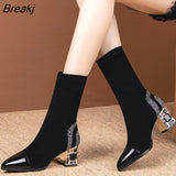 Short Boots Woman Mid Calf Boot Elastic Fabric Rhinestone Square Heel Women's Winter Shoes Black Female