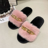 Fur Slippers 2024 New Fashion Chain Design Women Home Slippers Winter Indoor Open Toe Flat Non-slip Leisure Female