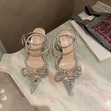 New Fashion Glitter Rhinestones Women Pumps Crystal Bowknot Silk Pointed Toe Buckle Strap Thin High Heels Party Prom