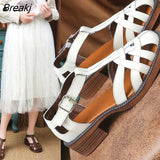 Braided Buckle Roman Sandals Solid Color Middle Heel All-match Women's Shoes Heel Comfortable Women's Beach