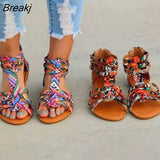 Casual Sandals Shoes Plus Size 35-43 Women Bohemia Colorful Summer Gladiator Flat Ankle Strap Sandals