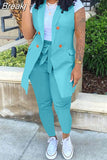 Fall 2023 Two Piece Set Women Outfits Solid Double Breasted Blazer Coat and Sashes Pants Office Lady Casual Street