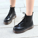 Womens Autumn Winter Ankle Boots Lace Up Flat Heels Fur Cotton Padded Platform Shoes Woman Leather Motorcycle Botas
