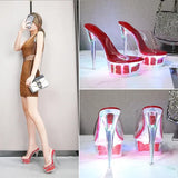 Women Catwalk Sexy Super High Heels Luminous Stiletto Platform Sandals Transparent Model Crystal Wedding Shoes