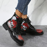 Skeleton Rose Women Snow Ankle Boots Motorcycle Skull Low Heels Shoes Vintage Pu Warm Winter Increase The 43 botas de