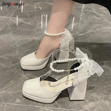 High-heeled Shoes Thick-heeled Shoes Female Pearl Bow Shoes Lady Style Mary Jane Shoes Square Toe Pumps Shoes for