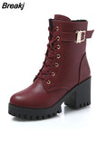 Sale Women Boots Lace Up Flat Biker Combat Wine Red Boots Shoes Buckle Woman Botas Women Boots 2023