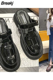Slippers Casual Cover Toe Platform Slides Mules For Women 2023 Med Luxury Retro PU Rubber Hoof Heels Microfiber Fretwork