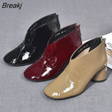 Women's Short Boots Casual Thick Heels Shoe High Heels Round Toe Rear Zipper Leather Boots All-match British Style Women's