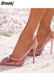 Summer PVC Transparent Shoes Pointed Toe Rhinestone Chain High-heeled Women's Sandals Stylish Women Pumps Wedding Shoes