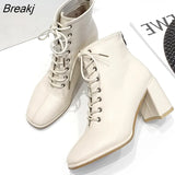 Women Ankle PU Leather 35-39 Feet Length Round Toe Chelsea Middle High Heels Boots Autumn Winter Rubber Shoes Female 2023