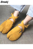 Split Toe Flats Ballerina Flock&nubuck Tabi Ninia Shoes Women Espadrilles Buckle Band Riband Flats Loafers casual