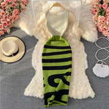 Striped Knitting Dress Women Elegant O-neck Sleeveless Slim Fit Bodycon Midi Dress Sexy Split Party Dress Summer