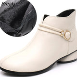 Autumn Winter Genuine Leather Low Heels Ankle Boots For Women Warm Boots Side Zipper Soft Comfortable Cow Leather
