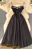 Rhinestone Vintage Party Dress Women Elegant Spaghetti Strap Sleeveless Backless Slim Waist A-line New Year Club Long