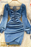 Autumn Winter Velvet Dress for Women Sexy Chain Criss Cross V-neck Long Sleeve High Waist Folds Mini Party Dress