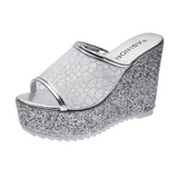 Golden Women Slippers Summer Shoes Platform(4cm) Outside Fitting-room 11cm High Heels Wedges Solid Mesh Female