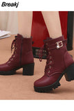Sale Women Boots Lace Up Flat Biker Combat Wine Red Boots Shoes Buckle Woman Botas Women Boots 2023