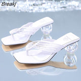 Summer Women Square Toe Slippers Flip Flop Ladies Fashion High Heels Sandals PU Leather Women's Casual Shoe Female