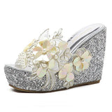 Wedges Slippers High Heels Women's Summer Flower Decoration Sandals Fashion Silver Female Casual Gold Shoes Size