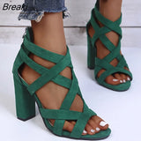 Women Pumps Sandals Summer Open Toe High Heels Low Block Heel Shoes Gladiator Zipper Thick With Sandals Wedges 2021 Mules