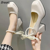Plus Size High Heel Shoes for Women 2023 Autumn Pearl Chain Thick Heel Mary Jane Shoes Pumps Fashion Platform Dress