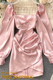 Pink Satin Dress Puff Sleeve Square Collar Ruched Mini Dress Solid Sexy Streetwear Outfits Ladies Club Party