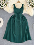 Vintage Women Summer Dress Fashion Solid O-neck Sleeveless Slim High Waist Big Swing Pleated A-line Midi Party