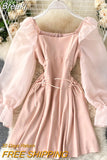 Short Party Dress Women Vintage Square Collar Hollow Out Mesh Puff Sleeve Lace up Slim Waist A Line Mini Club