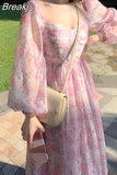 Vintage Long Sleeve Dress Woman Fairy Elegnat Floral Midi Dress Evening Party One Piece Korean 2023 Summer Chiffon