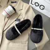 Women’s Plush Flat Shoes Fashion Pearl Cotton Shoes Outdoor Soft Sole Anti Slip Casual Shoes for Women Slip on Warm Fur