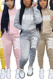 Two Piece Set Women Hooded Sweatsuits Fashion Pink Letter Leopard Print Tracksuit Casual Female Outfits Streetwear