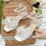 Wedding Sandals White Lace Bow Pearl High Heel Casual Skirt Shoes Summer Travel Slides Romantic Couple Dating Party