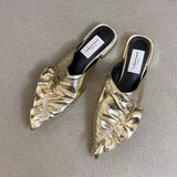 Women's Summer New Fashion Pleated Designer Flat Comfort Mules Sexy Pointed Toe Slip-on Outdoor Dress Party Women's