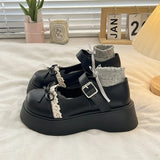 Breakj Round Head Thick-Soled Leather Shoes Women 2025 New Spring Bows Shallow Single