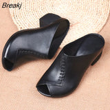 Women's Thick-heeled Soft Leather Outer Slippers Fish Mouth Comfortable Brown Versatile Mid-heeled Sandals Leisure Mother