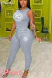 Sexy Women Skinny Two Piece Sets Summer Bodycon Tracksuits Sleeveless PrintingTop + Leggings Pants 2pcs Outfits